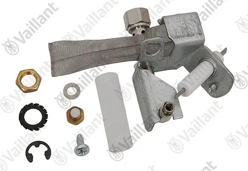 Vaillant Zündbrenner mit Metallgehäuse, Drahtgitter und verschiedenen Verbindungselementen, einschließlich Schrauben und Unterlegscheiben, auf flachem Untergrund.